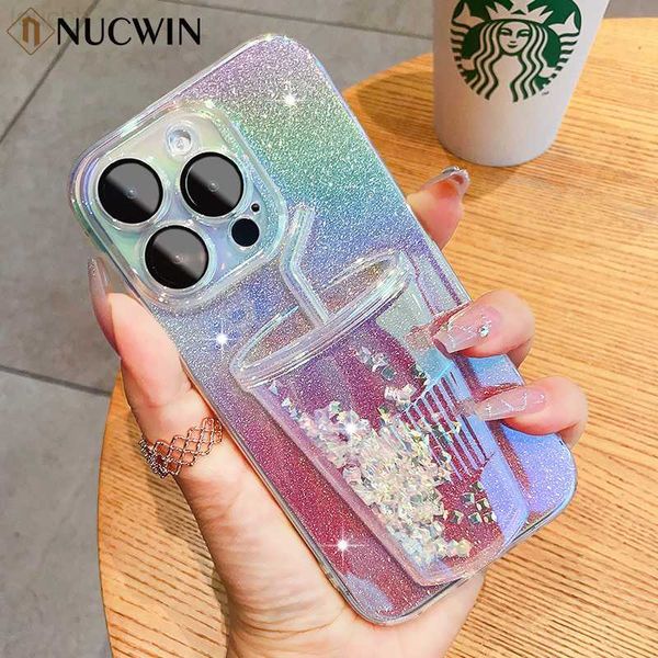 Cas de téléphone portable 3D Cup Quicksand Glitter Phone Case pour iPhone 14 ProMax 11 12 13 Pro Max Bling Gradient Clear Placage Pare-chocs Couverture souple L230731