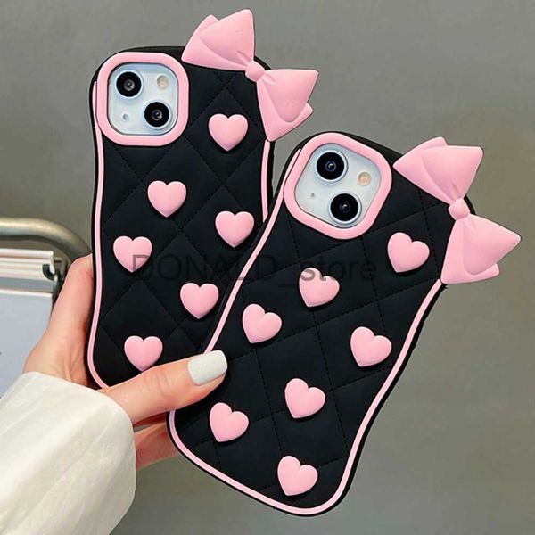 Cajas del teléfono celular 3D lindo Bowknot Heart Grid Funda protectora de silicona suave para iPhone 11 12 13 14 15 Pro Max Lovely Girly Cover Shell J231206