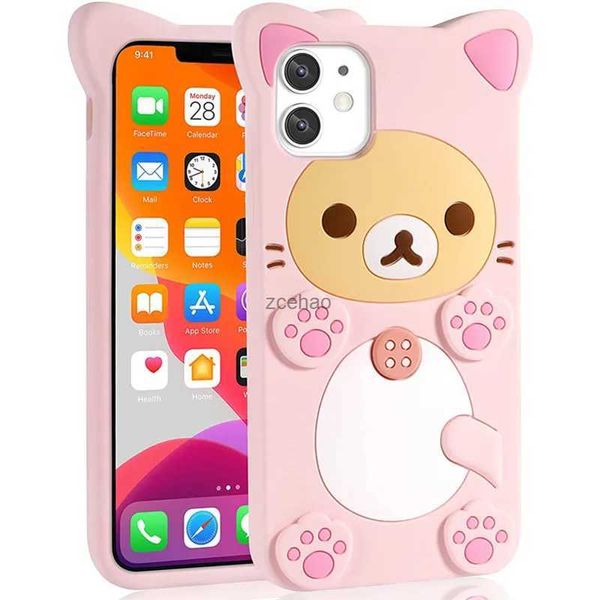 Fundas para teléfonos móviles 3D Cute Cartoon Pink Bear Kawaii Funda de silicona suave para iPhone 14 Plus 13 11 15 Pro Max 12 Mini XS XR X IPones 14Pro Funny CoverL240105