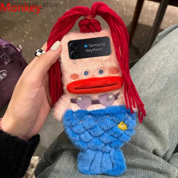 Étuis de téléphone portable 3D mignon en peluche sirène filles cadeau étui de téléphone pour Samsung Galaxy Z Flip 3 4 5 étui 1 2 Flip3 Zflip3 hiver cheveux moelleux couverture rigide Q231021