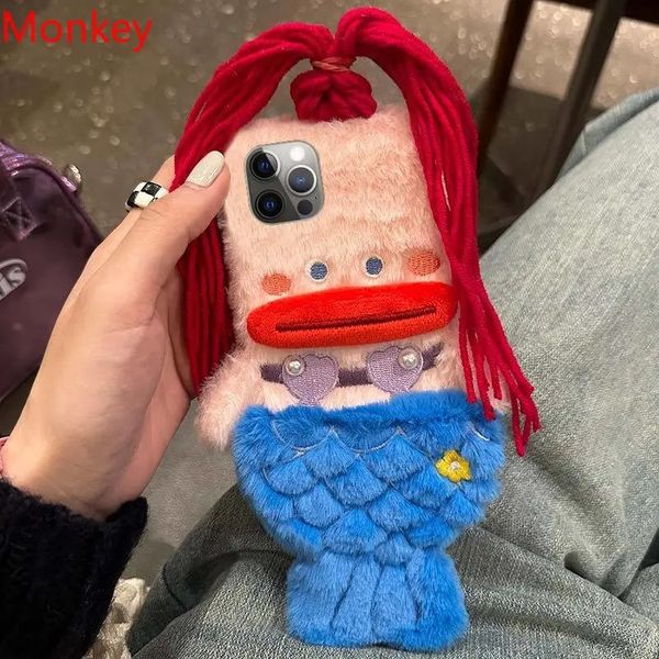 Étuis de téléphone portable 3D mignon peluche sirène filles cadeau étui pour iPhone 15 14 13 Pro Max 12 11 X XR 6 7 8 Plus hiver cheveux moelleux couverture arrière douce 231021