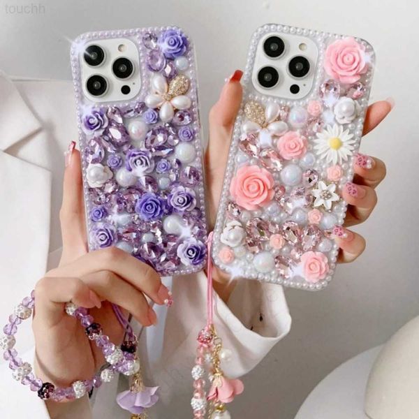 Cas de téléphone portable 3D Floral Daisy Pearl Bling Rose Diamond Strap Phone Case pour Samsung S23 S22 S21 S20 FE Ultra Plus + Note 10 20 Pro A 52 72 53 L230731