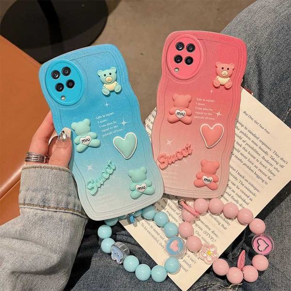 Étuis de téléphone portable 3D luxe mignon ours dessin animé doux silicone téléphone étui pour Samsung Galaxy A12 4G 12 dragonne bracelet couverture arrière L230823