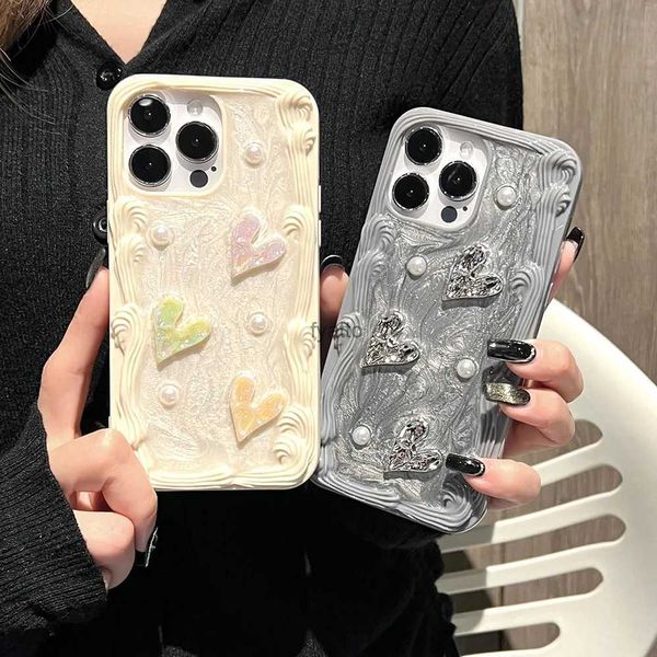 Cajas de teléfonos celulares 3D Estereoscópico Love Heart Pearl Epoxy Case para iPhone 15 14 Pro 13 12 Pro Max 11 Estética a prueba de choque Soft Cover H240326