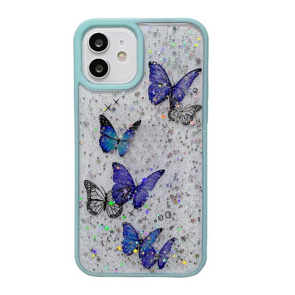 Étuis de téléphone portable Beaux étuis papillon pour iPhone 15 14 13 Pro Max 12 11 X XR XS 6 7 8 Plus Bling Gitter Star Acrylique dur TPU hybride Hit Couleur Clear Mobile Phone Cov