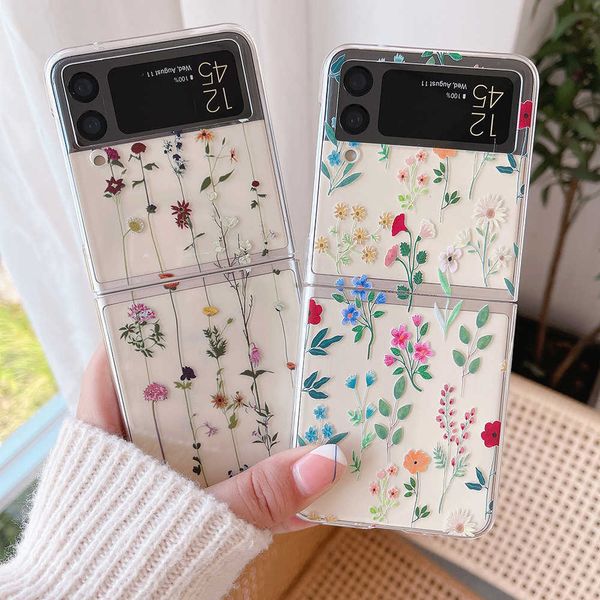 Fundas para teléfonos móviles Funda de teléfono con estampado de flores hermosas para Samsung Galaxy Z Flip 4 3, funda dura transparente para PC, funda bonita para mujer y niña Z0324
