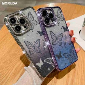 Étuis de téléphone portable Bling Diamond Gradient Butterfly Case pour iPhone 14 Pro 14 Plus 11 12 13 Pro Max Couverture galvanisée souple pour iPhone 12 Pro Max L230731