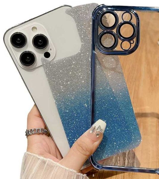 Cas de téléphone portable Bling Glitter Cas antichoc pour iPhone 15 Plus 14 Pro Max 13 12 11 Protecteur de lentille métallique de luxe Quatre coins Placage dégradé Chromé Soft TPU Fin