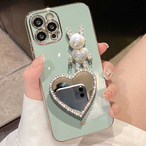 Cajas de teléfonos celulares Bling Heart Mirror Funda para iPhone 14 Pro Max 13 Plus 12 Pro 13 11 7 8 Plus 6S X XR XSMax Glitter Cute Rabbit Ears Plating Cover L230731