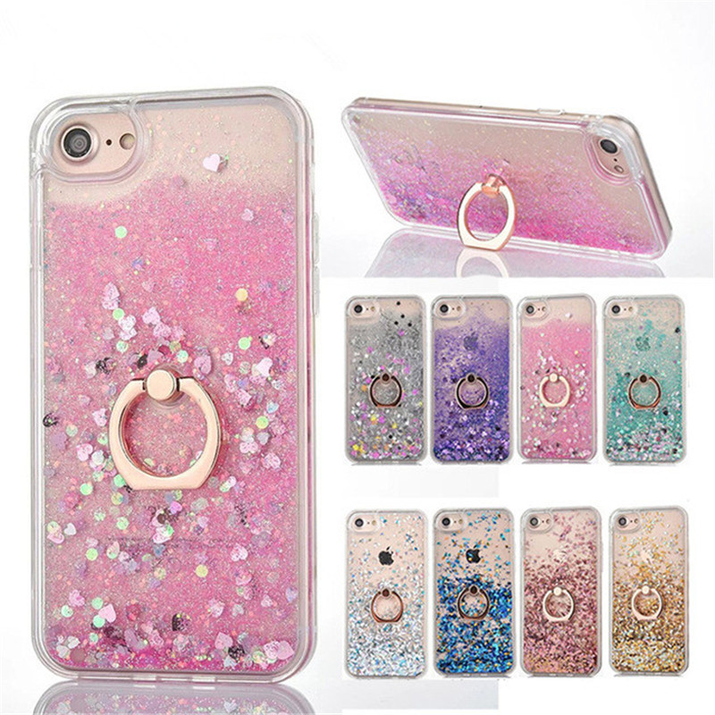 Mobiltelefonfodral Bling Liquid Case för iPhone X 8 7 Quicksand Dynamic Ring Holder Cases TPU Frame Cover för iPhone 6 6S 7 Plus 4J7Y