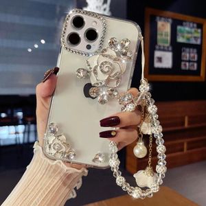 Étuis de téléphone portable Bling Luxury Glitter Diamond Camellia Flower Strap Case pour iPhone 15 14 13 12 11 Pro Max + Plus Case 231026