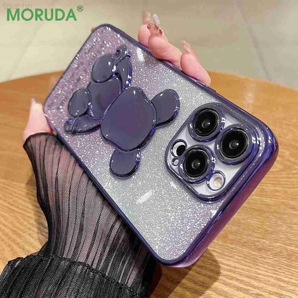 Étuis de téléphone portable Cartoon Bear Gradient Glitter 2in1 Phone Case pour iPhone 14 ProMax 13 12 11 Pro Xs Max 7 8 Plus XR X Clear Antichoc Soft Cover L230731