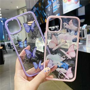 Cas de téléphones portables Cartoon Clear Glitter Butterfly Soft Shockproof Phroping Phone Case pour téléphone 15 14 12 13 11 Pro Max XS Max XR x 7 8 Plus SE Shell mignon