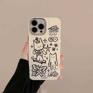 Cas de téléphones portables Cartoon Sketching Graffiti Animal LCUKY CAT Butterfly Cover Doft iPhone 15 14 13 12 Pro Max 7 8 plus