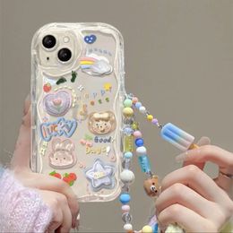 Cas de téléphone portable Clear 3D Bear Hang Cute Case pour iPhone 15 14 13 12 11 Pro Max Plus XR XS 7 8 Bracelet de lanière de dessin animé Couverture de style coréen 231010