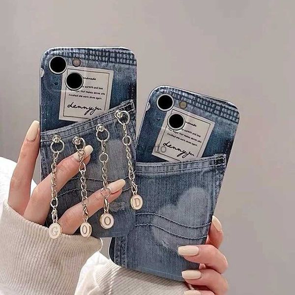 Casos de teléfonos celulares Diseño creativo Patrón de jean Case de teléfono de silicona colgante Adecuado para iPhone 15 11 12 14 Pro Soft Protective Back Cover H240326