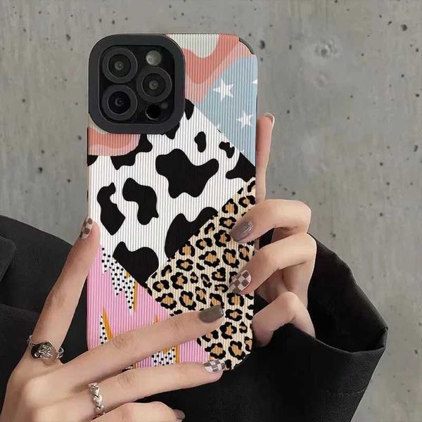 Cajas de teléfonos celulares Case de cuero de silicona de vaca creativa de leopardo para iPhone 15 14 13 PRO MAX 11 12 SE 7 8 Plus XR XR XS Max Soft Shock -Probar Cubierta J240418