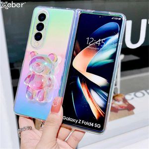 Caisses de téléphone portable mignon 3D Crystal Bear Bracket Laser Gradient transparent coloré pour Samsung Galaxy Z Fold 4 Zfold3 5G Rainbow Hard Cover L230731
