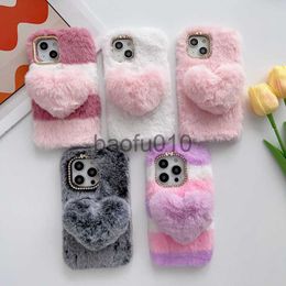 Étuis de téléphone portable Mignon 3D Love Heart Fluffy Fur Phone Cases pour iPhone 15 14 Pro Max 13 12 11 XR XS X 8 7 Plus Chromé Métallique Placage Diamant Doux TPU Véritable Lapin Cheveux Lov