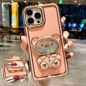 Mobiele telefoon hoesjes Schattige beer spiegel opvouwbare standaard houder hoesje voor iPhone 11 12 13 14 Pro Max 14 Plus Plating glitter drijfzand cover voor iPhone 14 L230731