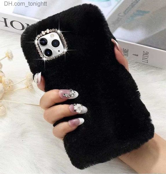 Estuches para teléfonos celulares Estuches femeninos lindos con Bling Crystal Diamond Silicon Soft Fluffy Furry Funda protectora para teléfono a prueba de golpes para iPhone 7 8plus Xr 11 Pro Max Z230728