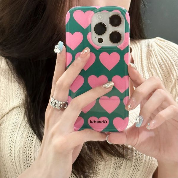 Cajas de teléfonos celulares Lindo coreano Pantalla completa Pink Love Heart Case para iPhone 15 14 13 12 11 Pro Max Lovely Kawaii Funda suave a prueba de golpes Funda 231010