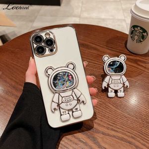 Mobiele telefoon hoesjes Schattig drijfzand glitter beer astronaut hoesje voor iPhone 14 Pro Max 13 12 11 X Xr Xs 8 7 6 6s Plus SE Plating Bracket Stand Cover L230731