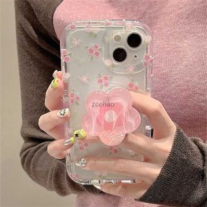 Cajas del teléfono celular Lindo Quicksand Pink Flower Holder Funda para teléfono para iPhone 15 14 12 13 11 Pro Max Plus INS Corea Girl Stand Floral Clear Soft CoverL240105