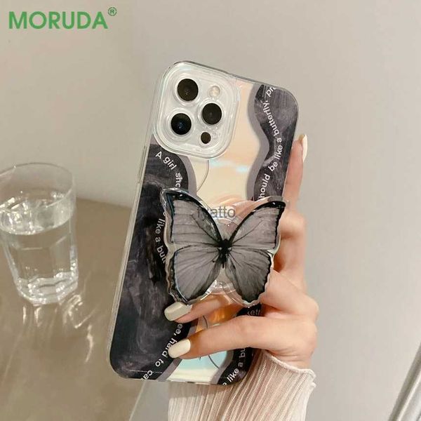 Étuis de téléphone portable Mode Black Butterfly Stand Laser Case pour iPhone 14 15 13 12 11 Pro Max Mini 7 8 Plus X XR XS Max Couverture en silicone transparente H240326