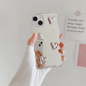 Cajas de teléfonos celulares Moda estilo coreano lindo corazón suave silicona claro caso para iPhone 13 Pro Max 14 11 12 15 XR espejo plateado proteger cubierta 231010