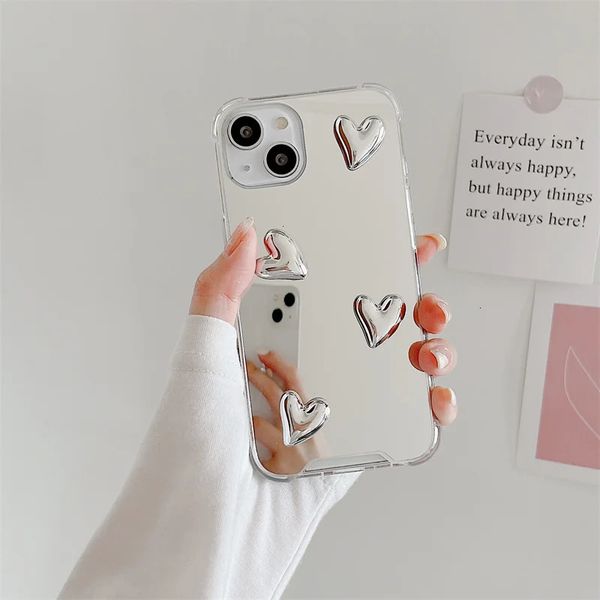 Cas de téléphone portable Mode Style coréen Mignon Coeur Soft Silicone Clear Case pour iPhone 13 Pro Max 14 11 12 15 XR Silvery Mirror Protect Cover 231010