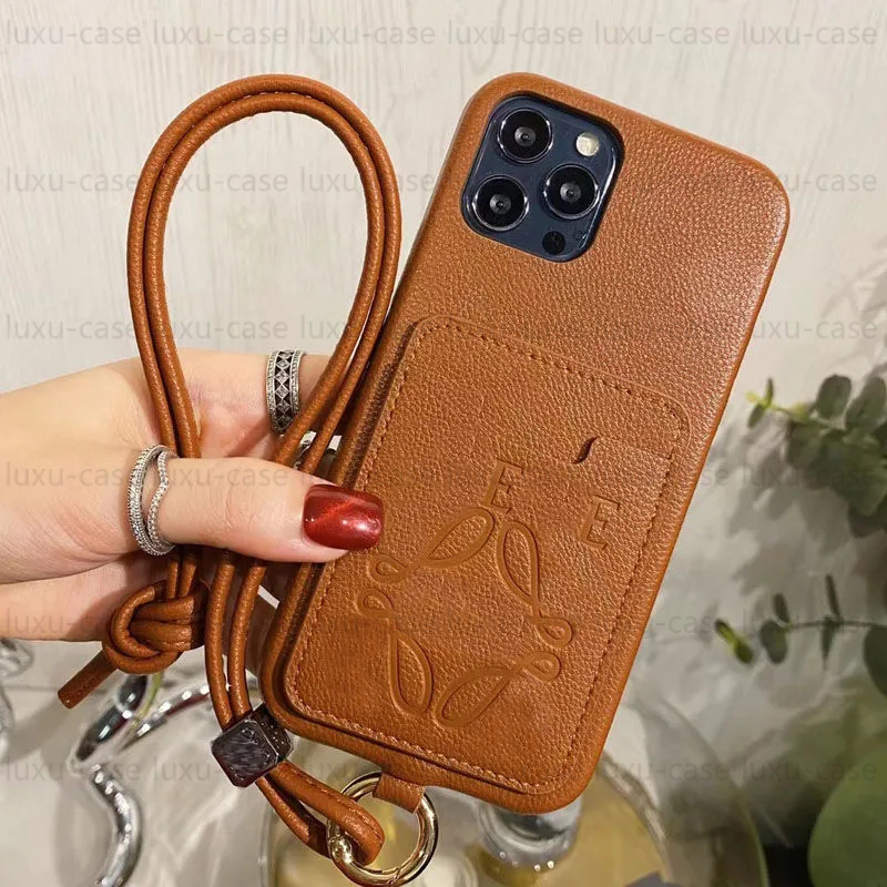 Mobiltelefonfodral Fashion Leather Phone Cases with Card Solt för iPhone 15 14 Pro Max Plus 13 12 Promax XS XR 78p Fashion Neck Rope PhoneCase Card Pocket 97x7