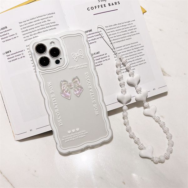 Étuis de téléphone portable Mode Phonecase pour iPhone 11 12 13 Mini 15 14 Pro Max XR X XS Max 7 8 P Couverture de téléphone Sweet 3D Ice Through Bow Tie White Love Lanyard Shell dmloi ES1H