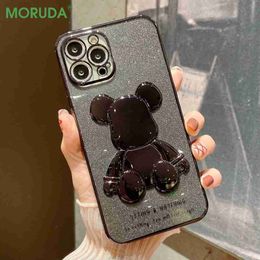 Étuis de téléphone portable Mode Shinny Bear Phone Case pour iPhone 14 13 12 11 Pro XS Max 7 8 Plus 14 Pro Plus XR X Protection de lentille Glitter Placage Cover L230731