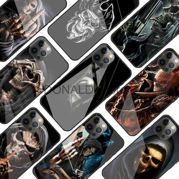 Estuches para teléfonos celulares Moda Skull Skeleton Grim Reaper Glass Phone Case para iPhone 11 12 13 Pro XR X 7 8 XS Max 6 6S Plus SE Cubierta para teléfonos móviles J230620