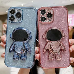 Étuis de téléphone portable Flash Glitter Placage Astronaut Stand Phone Case pour iPhone 14 13 12 Mini 11 Pro Max X XR XS Protecteur d'objectif sur 6S 7 8 Plus Cover L230731