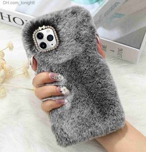 Étuis de téléphone portable pour iPhone 11 Pro 8 Plus XR XS MAX Cas chaud moelleux fourrure peluche poilue couverture de téléphone mignon hiver lapin doux fourrure strass1525084 Z230728