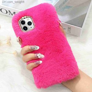 Cas de téléphone portable pour iPhone 11 Pro 8 Plus XR XS MAX Chaud Fluffy Furry Peluche Poilu Téléphone Couverture Mignon Hiver Lapin Doux Fourrure Strass Z230728