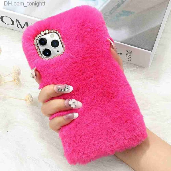 Cajas del teléfono celular para iPhone 11 Pro 8 Plus XR XS MAX Cálido Fluffy Furry Plush Hairy Funda de teléfono Cubierta Lindo Conejo de invierno Piel suave Rhinestone Z230728