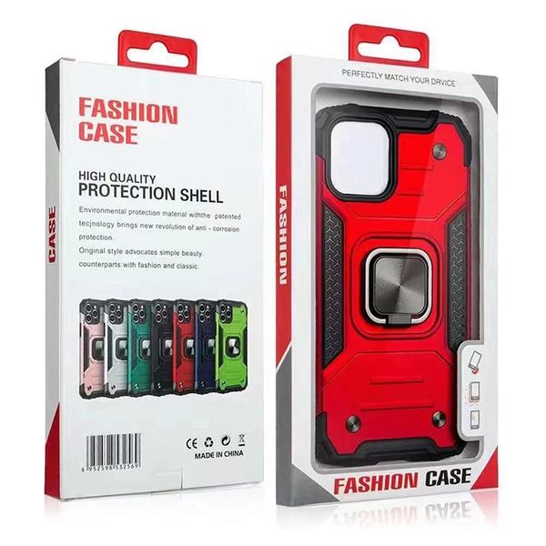 Cajas de teléfonos celulares para iPhone 13 12 Pro Max Pixel 5A Samsung Galaxy A12 A82 Moto G Stylus Power Play con anillo de soporte TPU Hard PC Shockbroof Case Designer Box Packaging