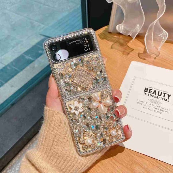 Cas de téléphone portable pour Samsung Galaxy Z Flip 5 4 3 5G F7110 F7070 Strass Crystal Pearl Crown Flower Shinny Luxury Phone Case Cover L230731