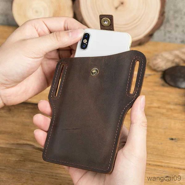 Fundas para teléfonos móviles Bolso de cintura con cinturón para teléfono móvil de cuero genuino para hombre, funda para teléfono móvil hecha a mano Vintage, bolsos para hombre R231025