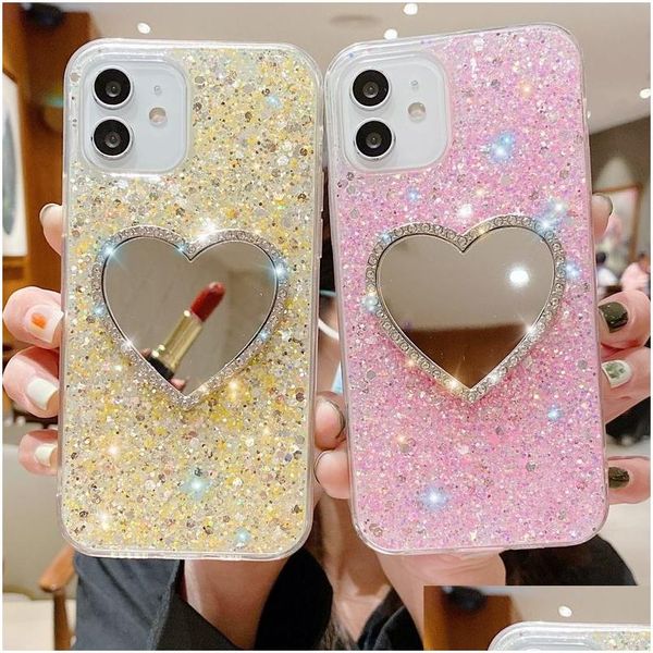 Étuis pour téléphones portables Paillettes Dames Avec Miroir De Maquillage Pour 14 Pro Max 13 12 11 Xs Xr 8 7 Luxruy Strass Paillettes Er Antichoc Anti Dr Dhfnd