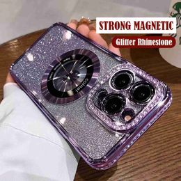 Mobiele telefoons Glitter Luxe Bling Diamond Show Magnetic Phone Case voor iPhone 14 13 12 11 Pro Max Plus + Plating Wireless Charge Cover L230731