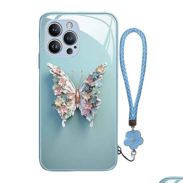 Cas de téléphone portable Hard Butterfly Mobile Forphone 15 Promax Apple 14 13 12 Plus Verre Miroir Luxe Protection Arrière Ers avec bracelet Dhm9I