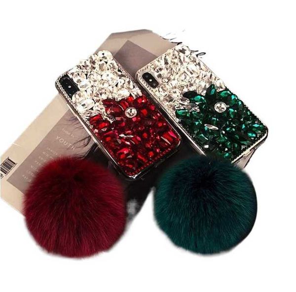 Étuis de téléphone portable Étuis de téléphone portable de haute qualité Bling Crystal Diamond Fox Fur Ball Pendentif Couverture pour Iphone 12 Pro XS Max XR X 8 7 6S Plus d Galaxy Note 910 S8910 32IG