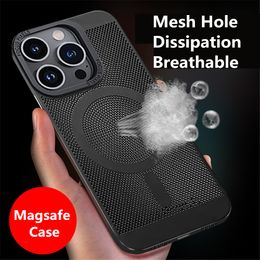 Mobiele telefoonkaten Hollow Out Mesh Hole Dissipation Ademende magnetische all-inclusive Magsafe Case Anti-Fall Protective Back Cover voor iPhone 14 Pro Max Plus 13 12