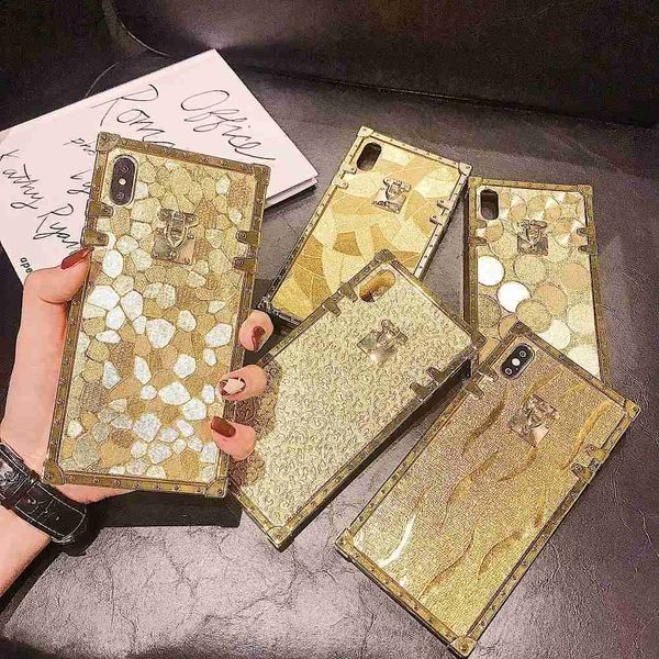 Cajas de teléfonos celulares Hot 3d Luxury Square Gold Glitter Case para iPhone 11Pro x XR XS MAX 7 8 15 PRO MAX 14 más para Samsung Galaxy S10 S9 Tapa posterior D240424