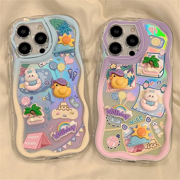 Cajas de teléfonos celulares INS Cute Cartoon 3D Conejo Pato Degradado Onda Borde Silicona Funda suave para iPhone 15 14 Pro Max 12 13 11 X XR XS 7 8 Plus Cubierta 231021