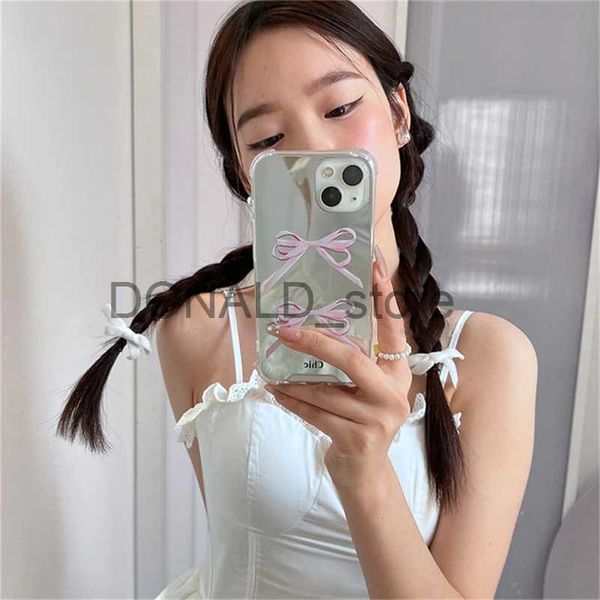 Cajas para teléfonos celulares Ins Korean Cute Pink Bowknot Mirror Funda para teléfono para iPhone 14 13 12 11 Pro Max X XS XR Encantadora cubierta trasera dura a prueba de golpes Funda J231206